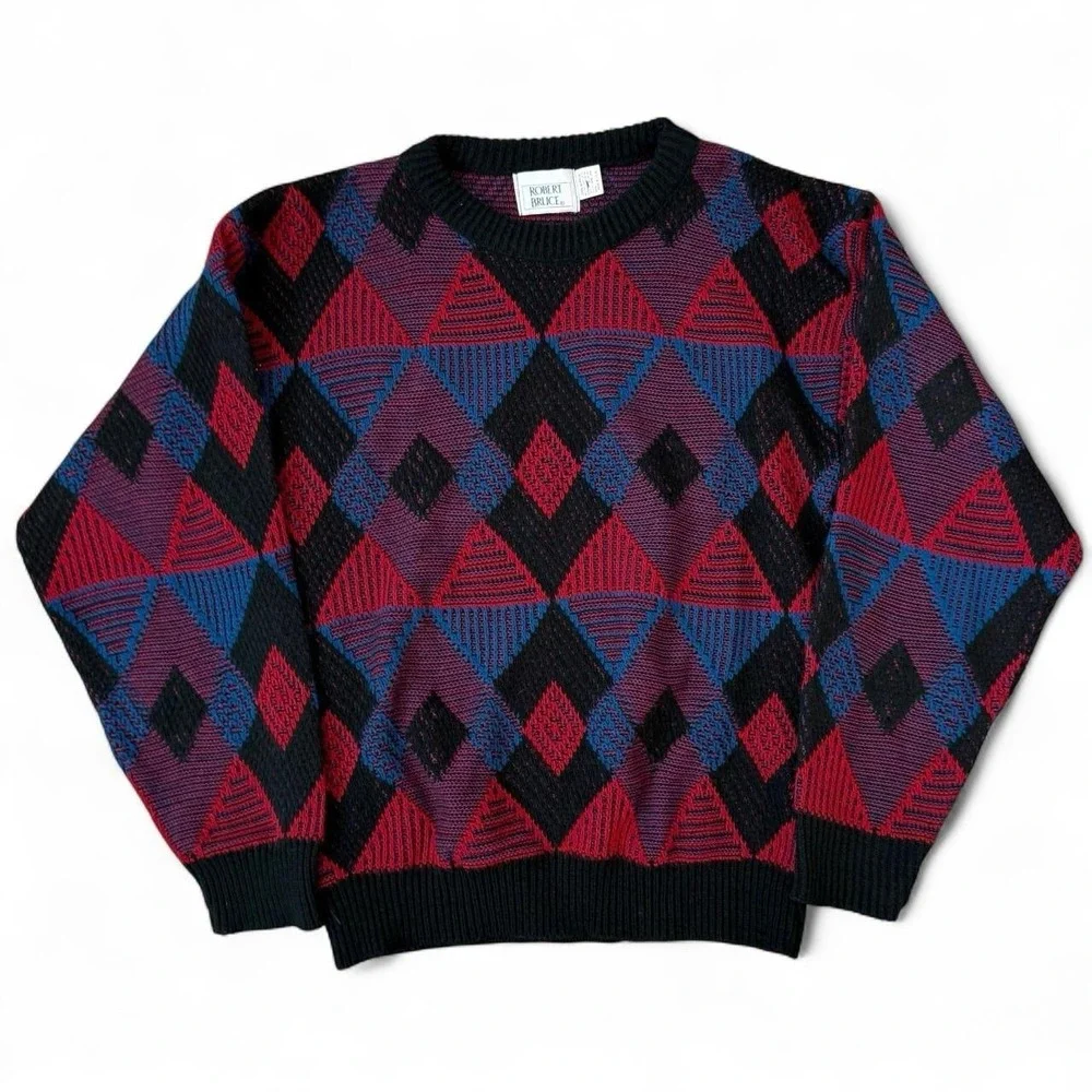 Vintage Robert Bruce Mens Geometric Knit Sweater Mens Size Small Made In USA 90s